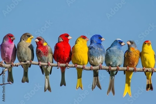 Fototapeta A Row of Colorful Birds on a Branch