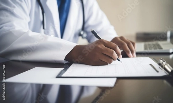 Fototapeta Close up of a doctor writing medical paperwork on a desk in their office, with copy space for text. Professional photography, high resolution, Doctor writing, medical paperwork, office, close up, hand