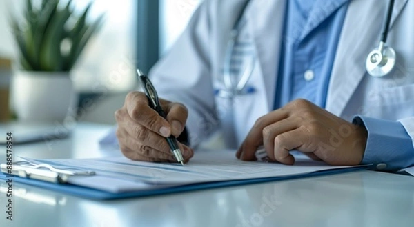 Fototapeta Close up of a doctor writing medical paperwork on a desk in their office, with copy space for text. Professional photography, high resolution, Doctor writing, medical paperwork, office, close up, hand