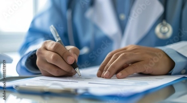 Fototapeta Close up of a doctor writing medical paperwork on a desk in their office, with copy space for text. Professional photography, high resolution, Doctor writing, medical paperwork, office, close up, hand