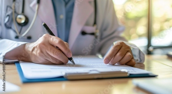Fototapeta Close up of a doctor writing medical paperwork on a desk in their office, with copy space for text. Professional photography, high resolution, Doctor writing, medical paperwork, office, close up, hand
