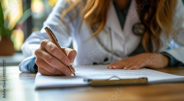 Fototapeta Close up of a doctor writing medical paperwork on a desk in their office, with copy space for text. Professional photography, high resolution, Doctor writing, medical paperwork, office, close up, hand