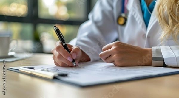 Fototapeta Close up of a doctor writing medical paperwork on a desk in their office, with copy space for text. Professional photography, high resolution, Doctor writing, medical paperwork, office, close up, hand