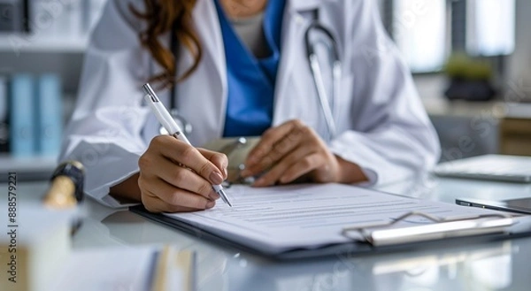 Fototapeta Close up of a doctor writing medical paperwork on a desk in their office, with copy space for text. Professional photography, high resolution, Doctor writing, medical paperwork, office, close up, hand
