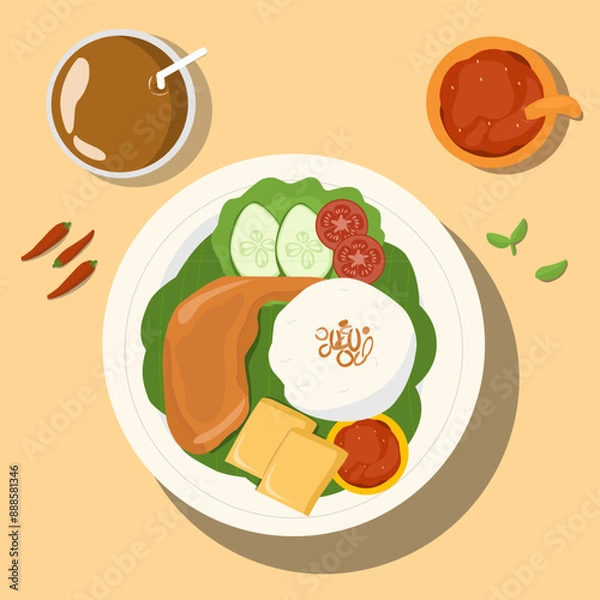 Fototapeta Hand drawn vector illustration of fried chicken or ayam goreng menu design top view 