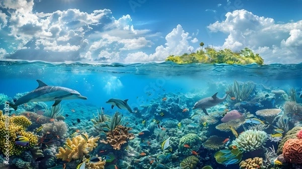 Obraz Above and below surface of the Caribbean sea with coral reef