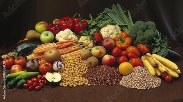 Fototapeta variety of foods rich in fiber, such as fruits, vegetables and legumes. generative ai