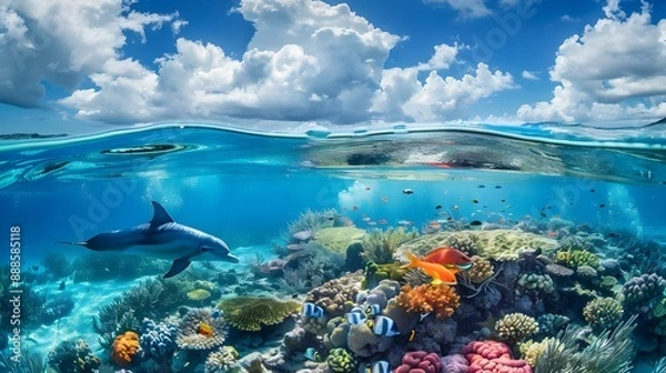 Obraz Above and below the surface of the Caribbean Sea with coral reefs