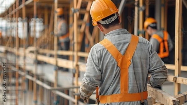 Fototapeta Construction worker wearing a safety helmet and vest checks scaffolding on a building site. Others in the background wearing similar gear.
