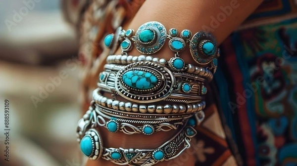 Obraz Close-up of a wrist adorned with turquoise and silver jewelry