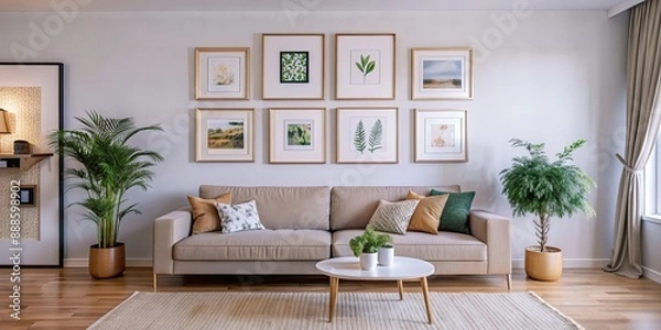 Fototapeta Frame mockup in bright living room with five frames gallery wall, render, frame