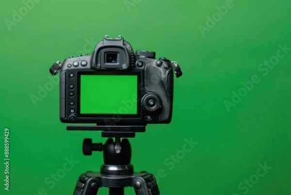 Fototapeta Dslr camera with green screen on the tripod isolated on green background