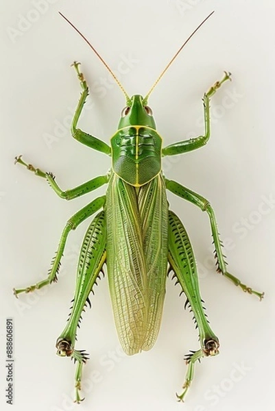 Fototapeta A green grasshopper perched on a white background  83 grasshopper, insect, green, macro, animal, locust, nature, cricket, isolated, bug, white, closeup, grass, antenna, hopper, close-up, wildlife, pes