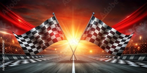 Fototapeta A checkered flag is flying in the air above a racetrack