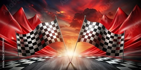 Fototapeta A checkered flag is flying in the air above a racetrack