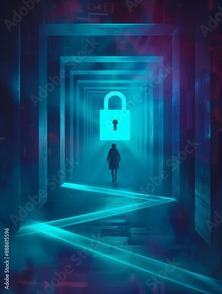 Fototapeta minimal illustration of a person standing in a maze with a security icon ahead