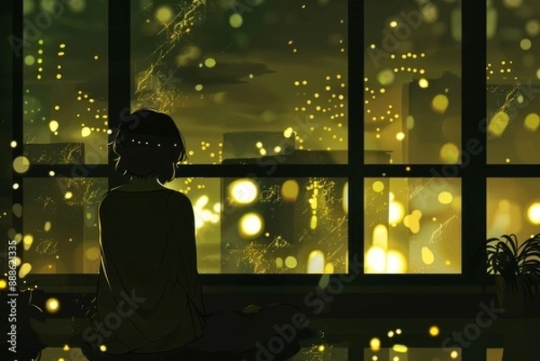 Obraz Nighttime city lights twinkle outside the window, reflecting in the eyes of someone lost in thought. Cozy vibe, Generative AI