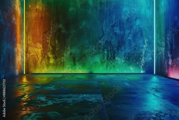 Fototapeta Abstract Background with Neon Blue and Green Lights in a Grunge Room