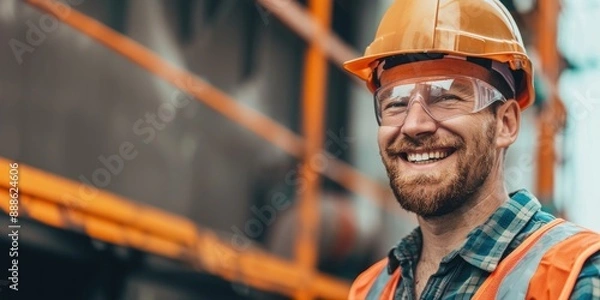 Fototapeta A male construction worker in a hard hat and safety glasses at a construction site. Construction of a multi-storey building. 
