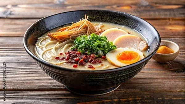 Fototapeta A delicious bowl of Japanese Tonkotsu Ramen topped with dried fish flakes, Japanese, Tonkotsu, Ramen, Dried fish, Topping
