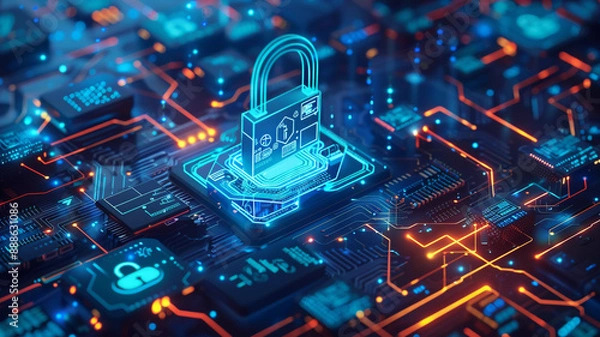 Fototapeta Cyber security concept. Blue lock symbol, point connecting network on blue background. blue background, padlock with lock, cybersecurity, cybersecurity background, padlock icon, digital security,
