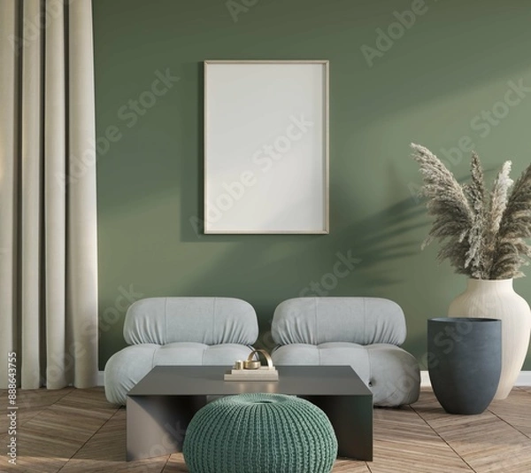 Fototapeta Blank white blank poster frame mockup in cozy living room interior background, modern art deco style, 3D render