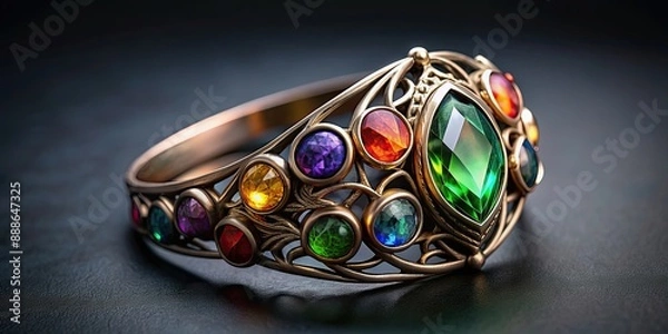 Obraz Elven ring crafted from iron with precious stones, fantasy, jewelry, ancient, mystical, magical, gemstones, enchanted