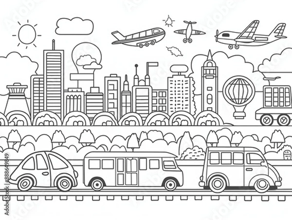Obraz A coloring page of  illustration depicting a bustling city with various transportation modes including cars, buses, airplanes, and a hot air balloon, set against an urban skyline and a clear sky