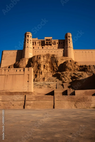 Fototapeta The Impressive Fortress: An Awe-inspiring View of a Timeless Citadel against a Blue Sky