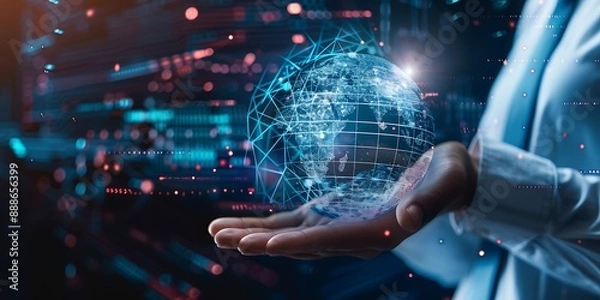Obraz A business professional holding an AI digital globe, with holographic data and code visualizations around them on the laptop screen, representing global technology connection.
