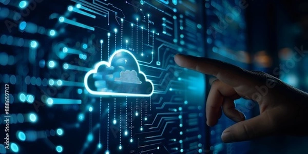 Fototapeta A hand touching the cloud icon on an holographic screen, symbolizing Cloud computing technology and online services in digital marketing.