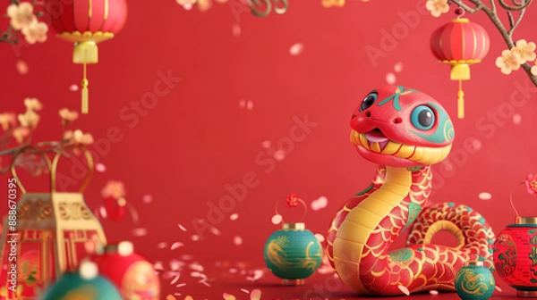Fototapeta Snake Dressed in Red Chinese Robe and Celebration Hat, 3D Render for New Year