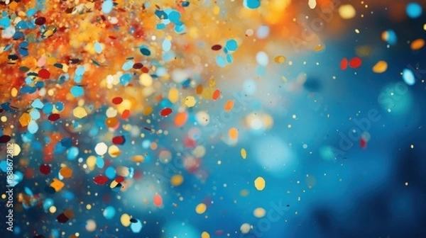 Fototapeta Vibrant confetti in blue, red, yellow, and orange colors falling against a blurred background, representing celebration and joy.