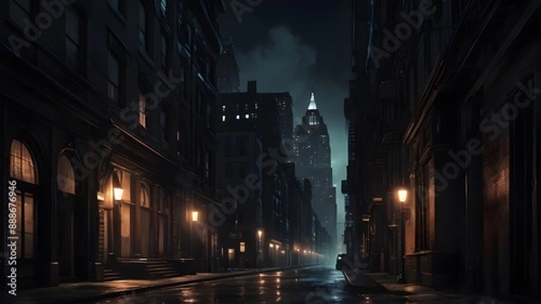 Fototapeta A noir-style photograph, a dark street view of a city, gotham style
