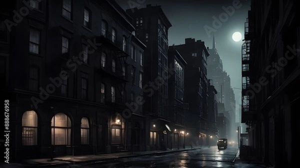 Fototapeta A noir-style photograph, a dark street view of a city, gotham style