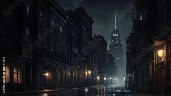 Fototapeta A noir-style photograph, a dark street view of a city, gotham style