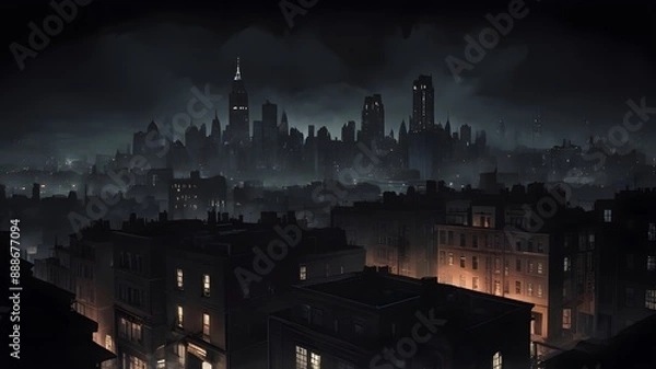 Fototapeta A noir-style photograph, a dark street view of a city, gotham style
