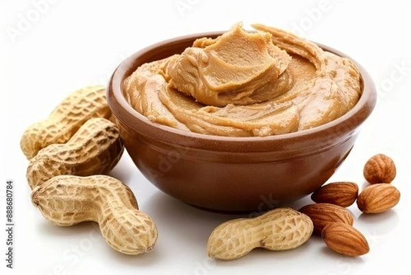 Fototapeta Peanut butter and peanuts on white background Spreading in bowl