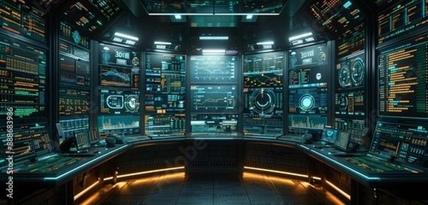 Fototapeta AI-driven financial trading floor with real-time data analytics, illustrating the development of financial technology and market growth.