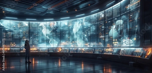 Fototapeta AI-powered disaster response center with real-time analytics and automated emergency services, illustrating the development of crisis management technology.