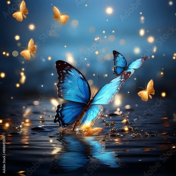 Fototapeta A blue butterfly with golden spots on its wings flying over the sea
