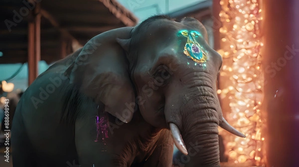 Fototapeta a elephant with a colorful head decoration on its head