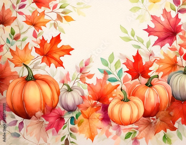Obraz Autumn background with pumpkins and maple leaves. Greeting card. Thanksgiving day concept.