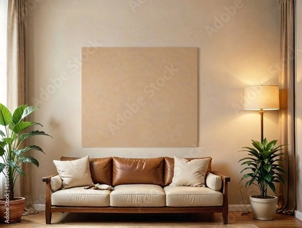 Fototapeta Brown sofa large blank framed poster mockup, and plants, natural light background, home decor concept. 3D Rendering