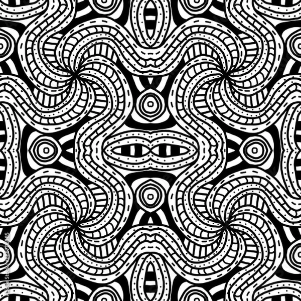 Fototapeta Ikat seamless pattern. Border with snowflakes. Openwork lace. background tie dye shibori print with stripes and chevron. Ink textured japanese background. Bohemian fashion.	
