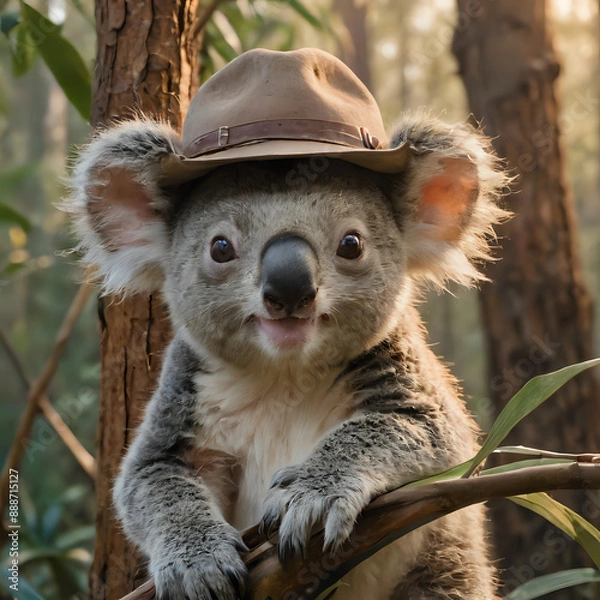 Obraz a koala bear wearing a hat and sitting on a tree branch
