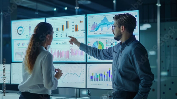 Fototapeta Analysts working with interactive dashboards displaying real-time data, charts, and graphs. Emphasize the role of big data and AI in driving business insights and decision-making. 