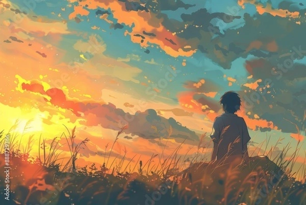 Fototapeta A person smiles at the sunset from a hilltop, the sky painted in warm hues, cozy vibe, Generative AI 