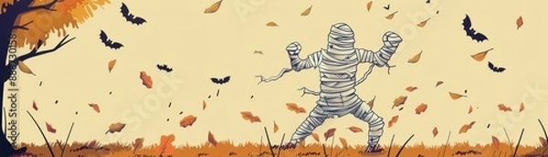 Fototapeta Halloween illustration of a mummy surrounded by flying bats and falling leaves in an autumn landscape scene.