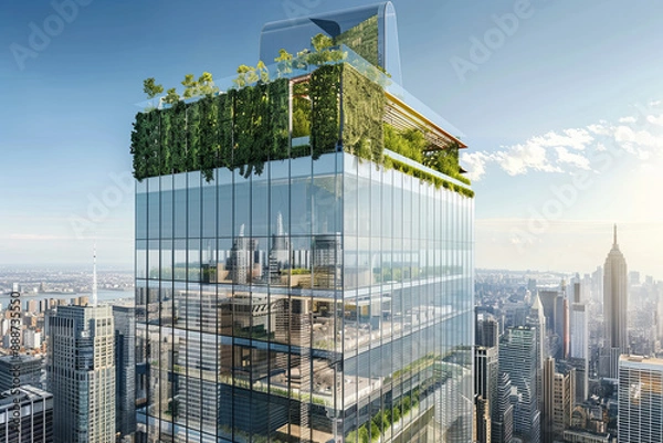 Obraz Skyscraper with a rooftop garden, symbolizing sustainability